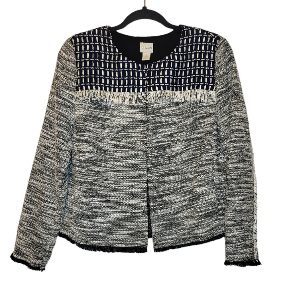 Chicos Novelty Pieced Jacket Black white sz 1 Medium 8/10